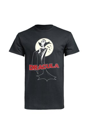 Black t-shirt with Fifi Lloyd Dracula vampire illustration against full moon