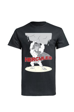 Black t-shirt with Fifi Lloyd Hercules cartoon illustration lifting weight