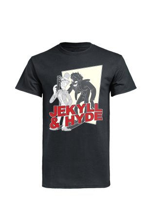 Black t-shirt with Fifi Lloyd Jekyll and Hyde dual character illustration