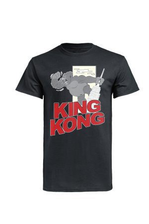 Black t-shirt with Fifi Lloyd King Kong cartoon illustration and red text
