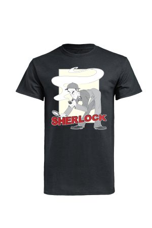 Black t-shirt with Fifi Lloyd Sherlock Holmes cartoon illustration and red text