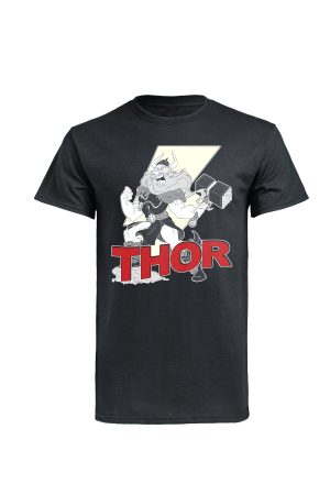Black t-shirt with Fifi Lloyd Thor character illustration wielding hammer