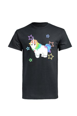 Black t-shirt with Fifi Lloyd colourful unicorn and stars illustration