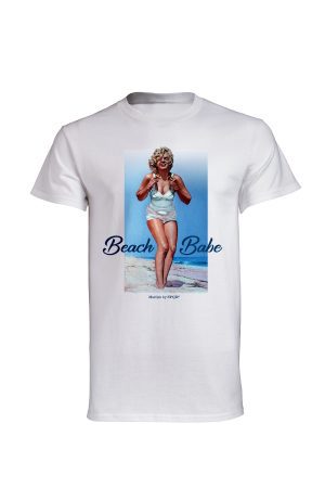 White Marilyn Monroe Beach Babe t-shirt with vintage swimsuit portrait print
