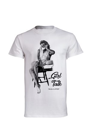 White Marilyn Monroe Girl Talk t-shirt with seated portrait print