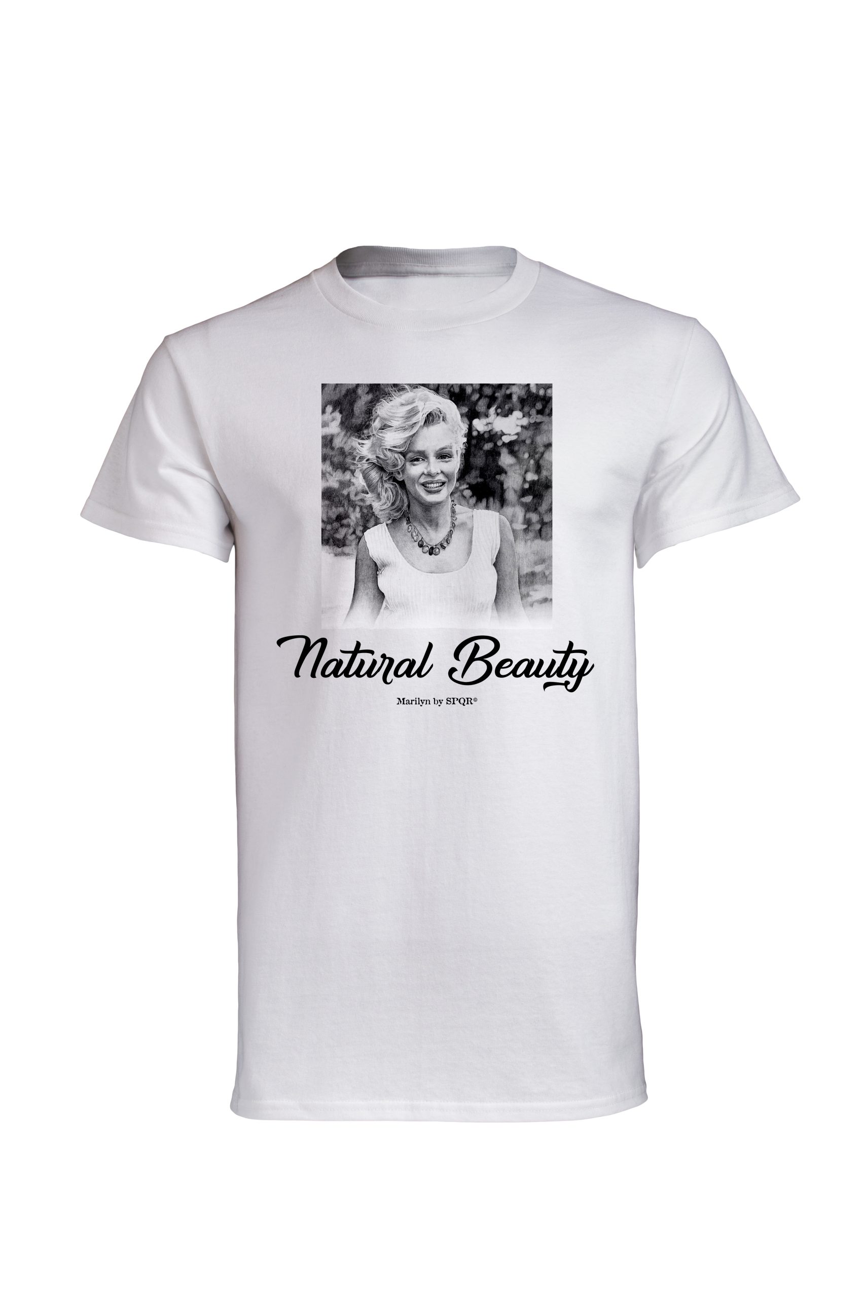 White Marilyn Monroe Natural Beauty t-shirt with vintage pearl portrait print