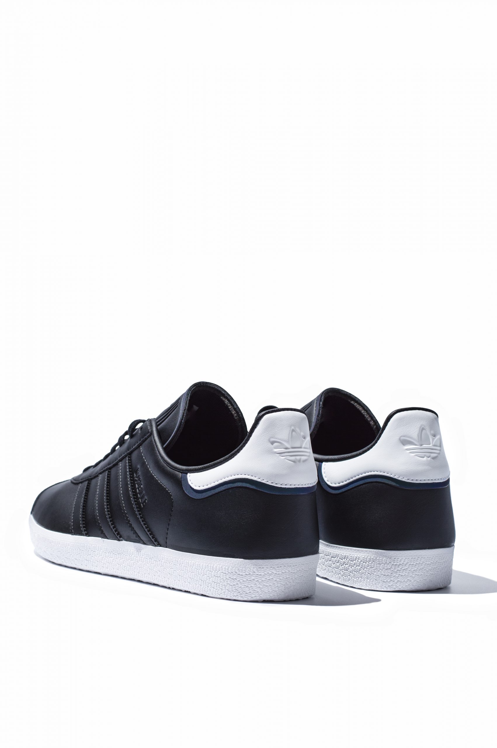 Adidas Gazelle black leather trainers from behind showing heel detail