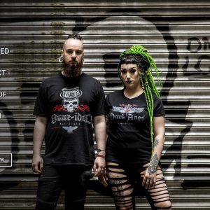 Man and woman wearing Bone Idol and Dark Angel t-shirts from Haus of Goth collection