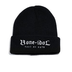 Black Bone Idol beanie by Haus of Goth, flat product photography