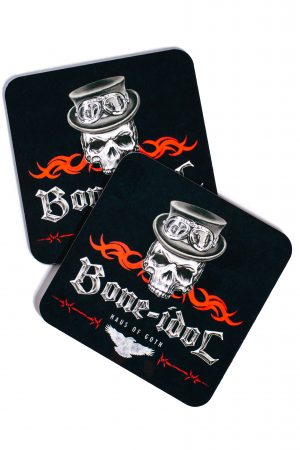 Two Bone Idol coasters by Haus of Goth showing skull with crown and flames design