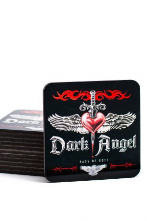 Stack of Dark Angel coasters by Haus of Goth with winged heart and dagger design
