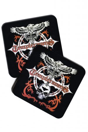 Two Templeravens coasters by Haus of Goth with raven and dagger design