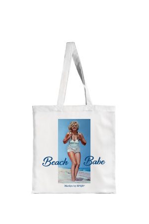 White tote bag with Marilyn Monroe Beach Babe vintage swimsuit print