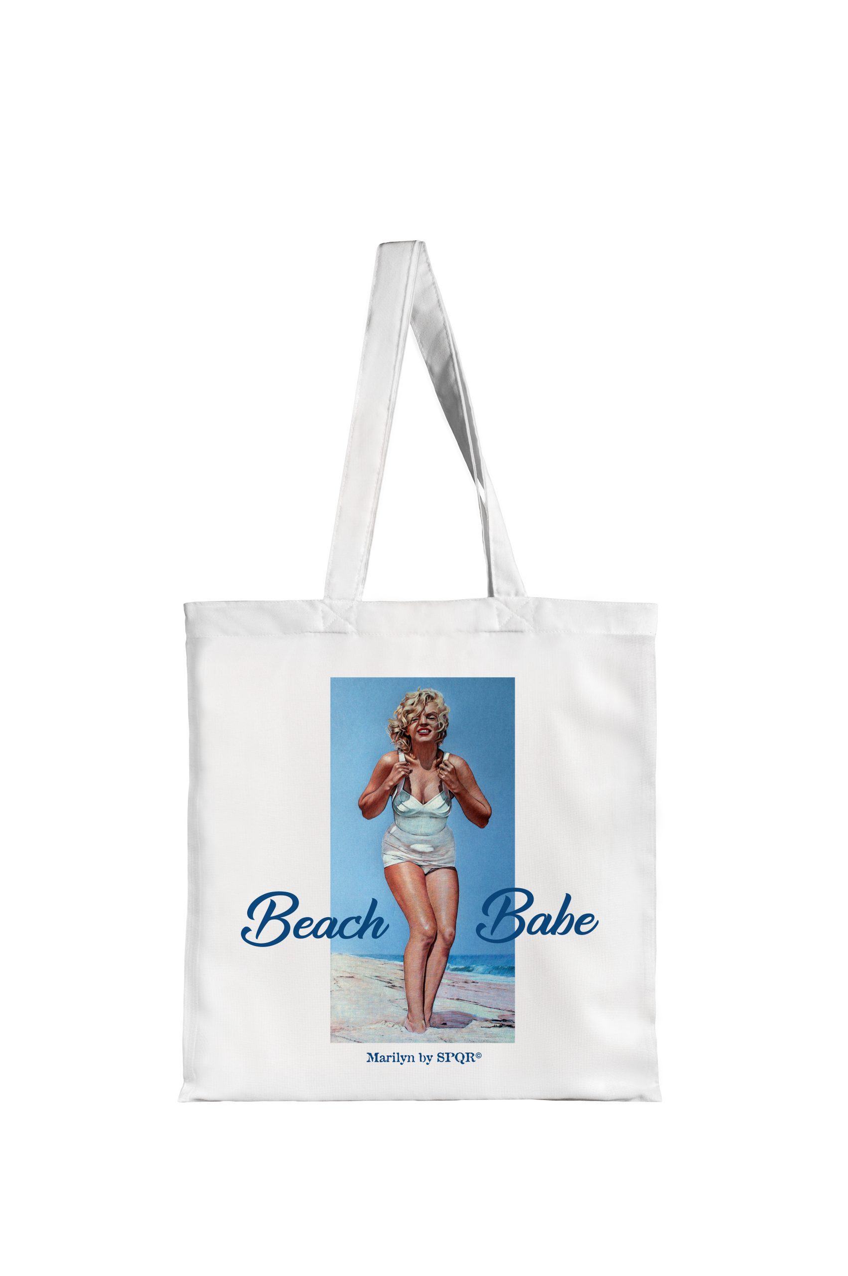 White tote bag with Marilyn Monroe Beach Babe vintage swimsuit print