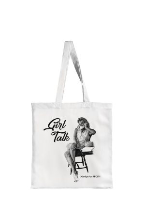 White tote bag with Marilyn Monroe Girl Talk seated portrait print