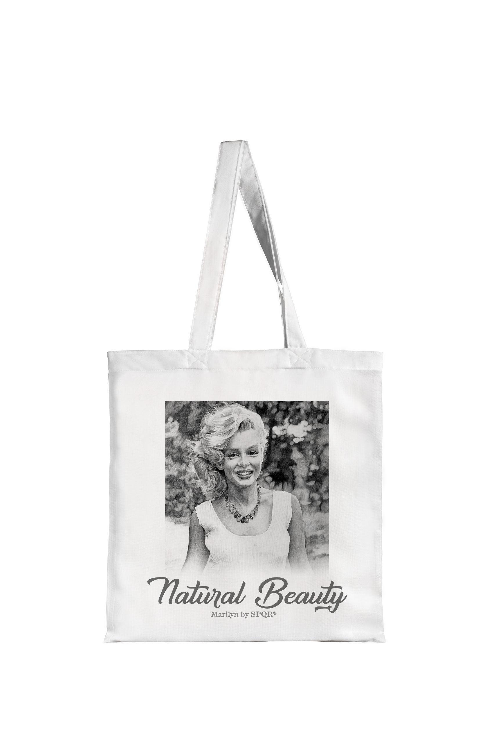 White tote bag with Marilyn Monroe Natural Beauty portrait print