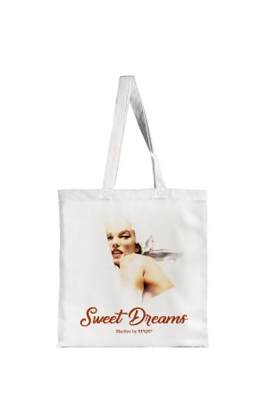 White tote bag with Marilyn Monroe Sweet Dreams bedtime portrait print