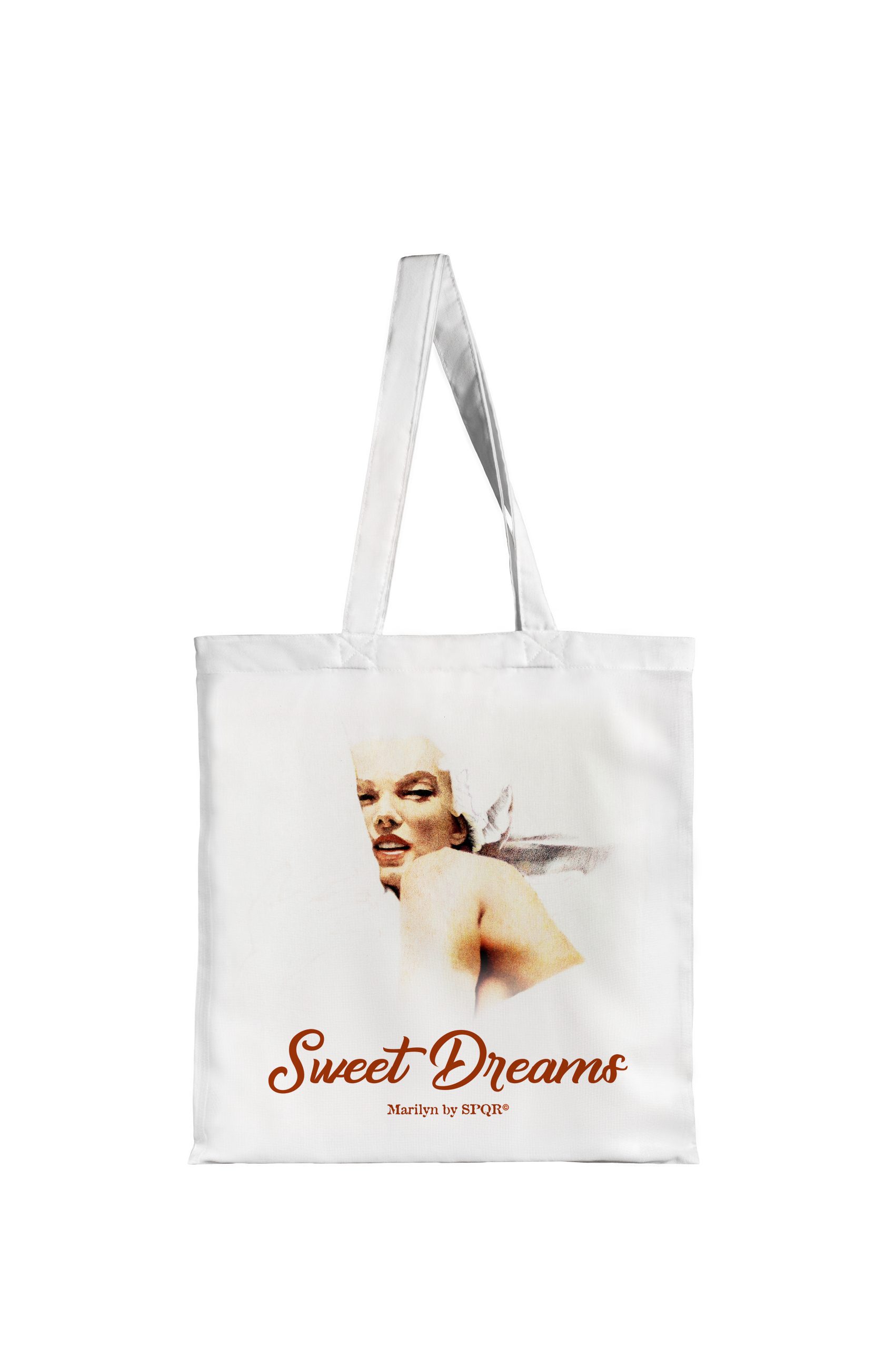 White tote bag with Marilyn Monroe Sweet Dreams bedtime portrait print