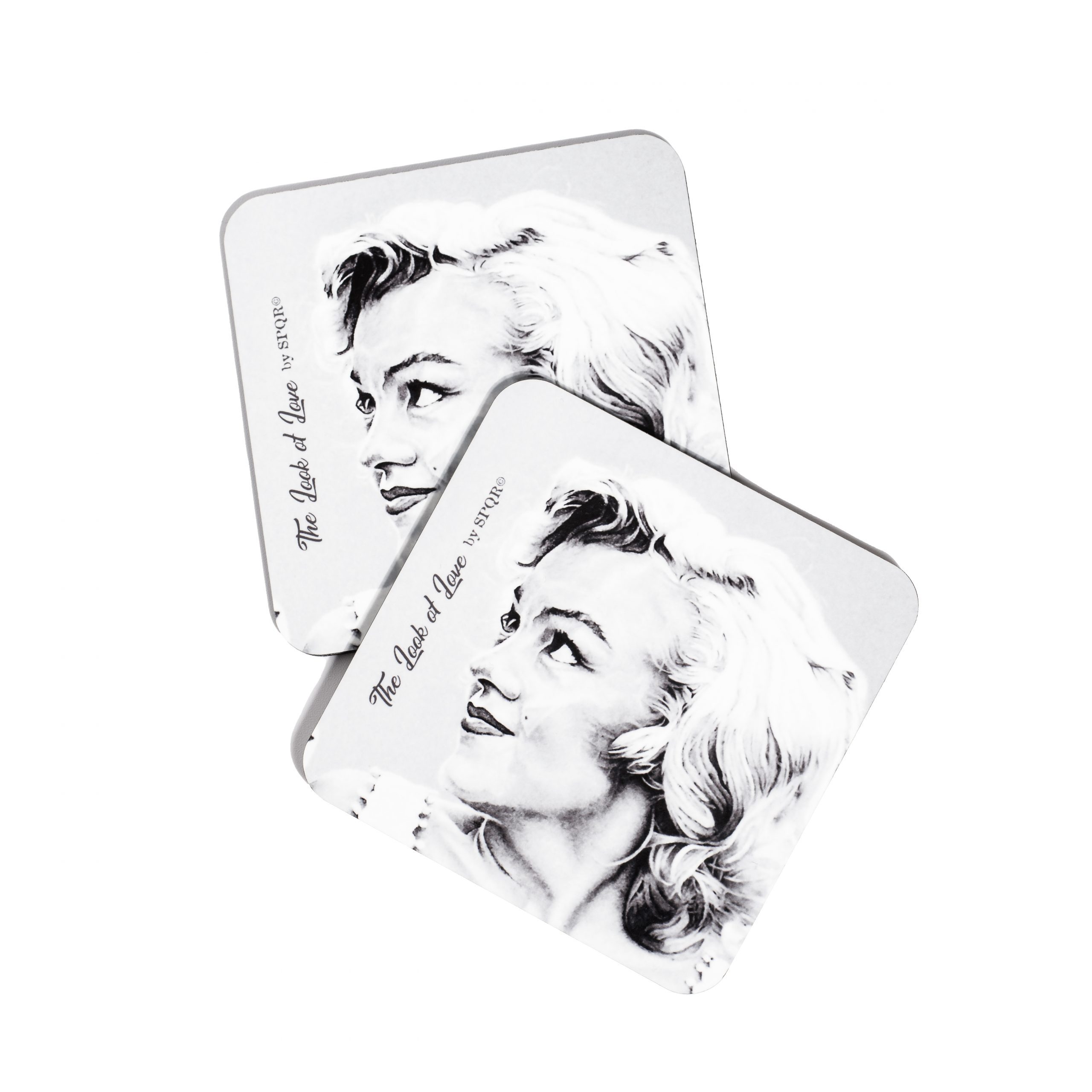 Two Marilyn Monroe Look of Love coasters with stylised portrait