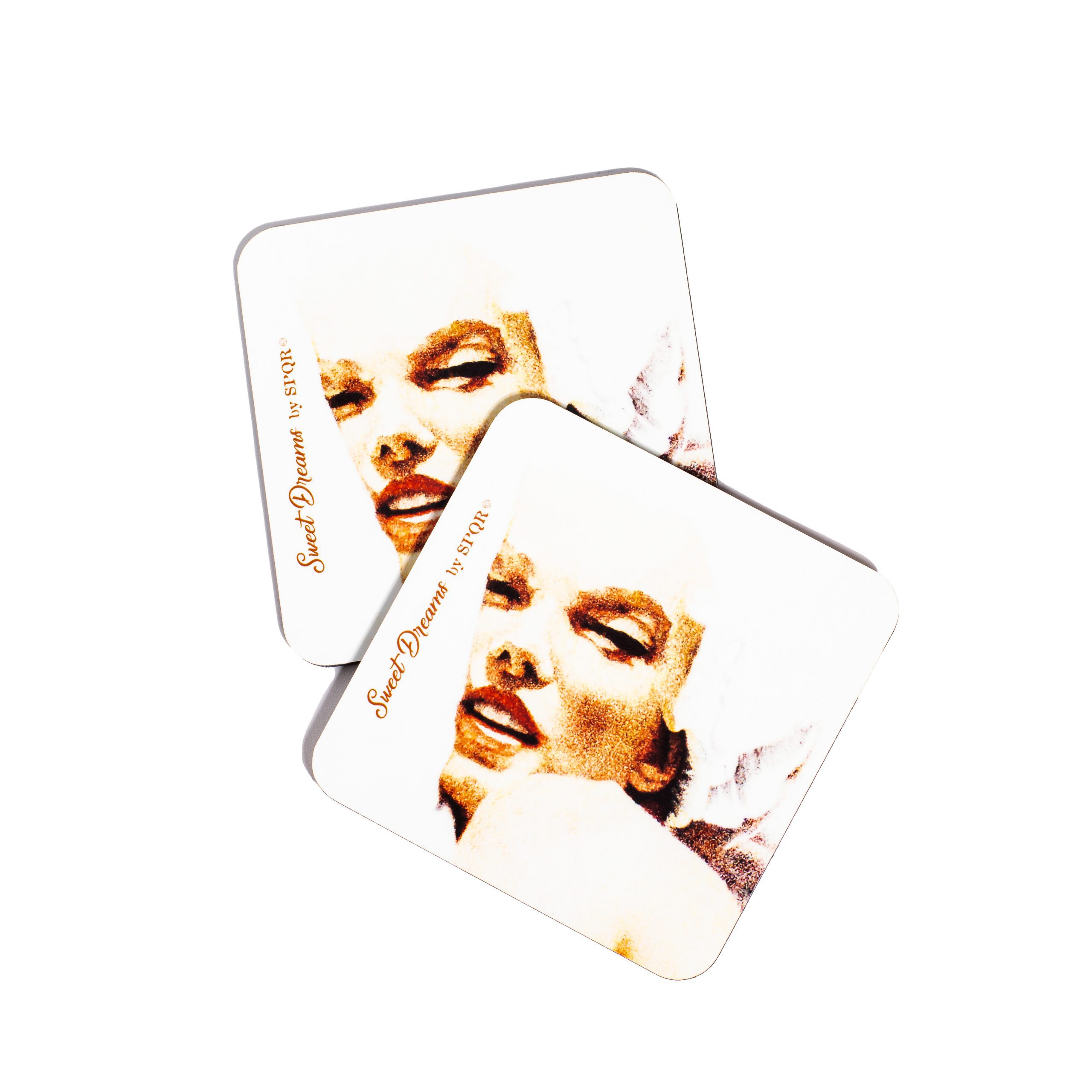 Two Marilyn Monroe Sweet Dreams coasters with vintage bedtime portrait