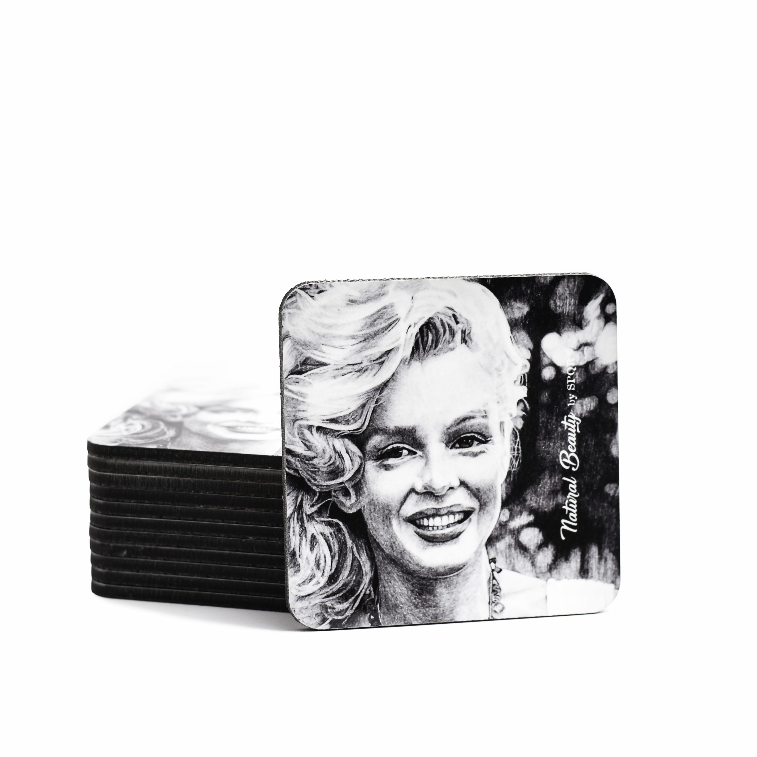 Stack of Marilyn Monroe Natural Beauty coasters with vintage portrait