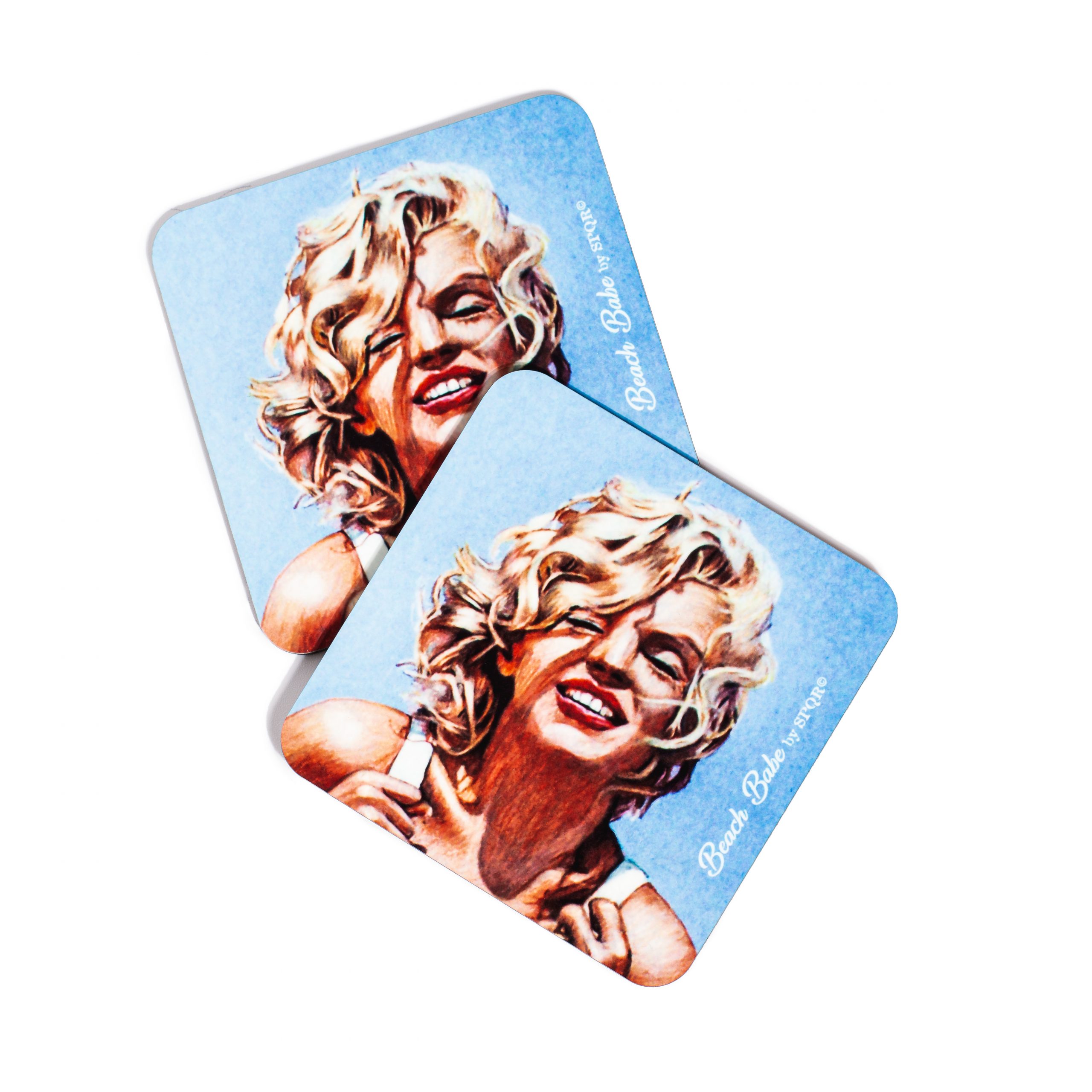 Two Marilyn Monroe Beach Babe coasters featuring vintage colour portrait