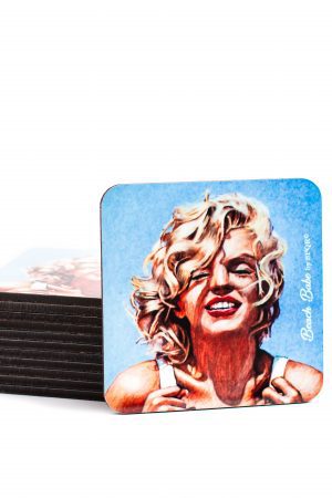Stack of Marilyn Monroe Beach Babe coasters with vintage swimsuit portrait