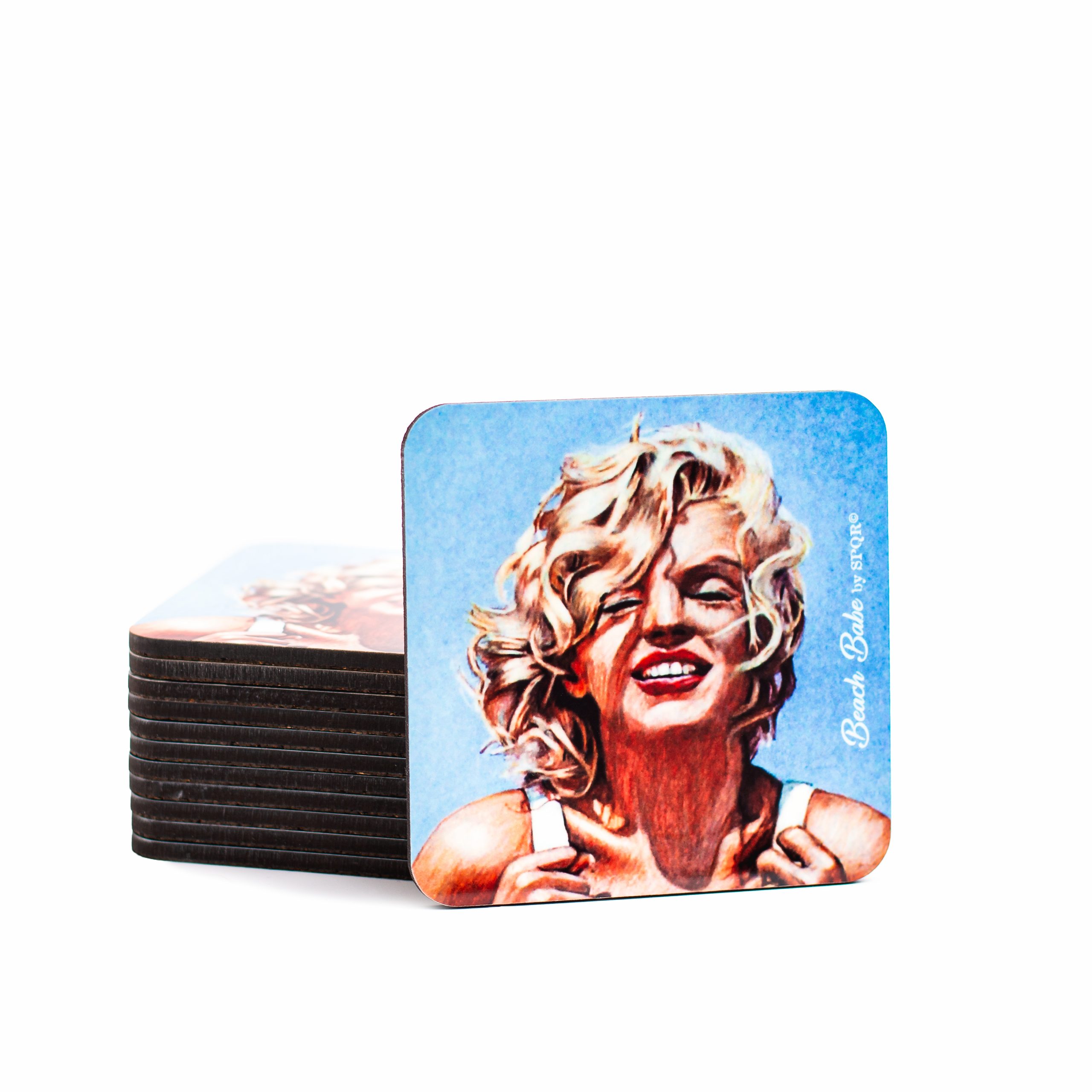 Stack of Marilyn Monroe Beach Babe coasters with vintage swimsuit portrait