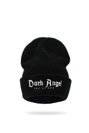 Black Dark Angel beanie by Haus of Goth with embroidered logo