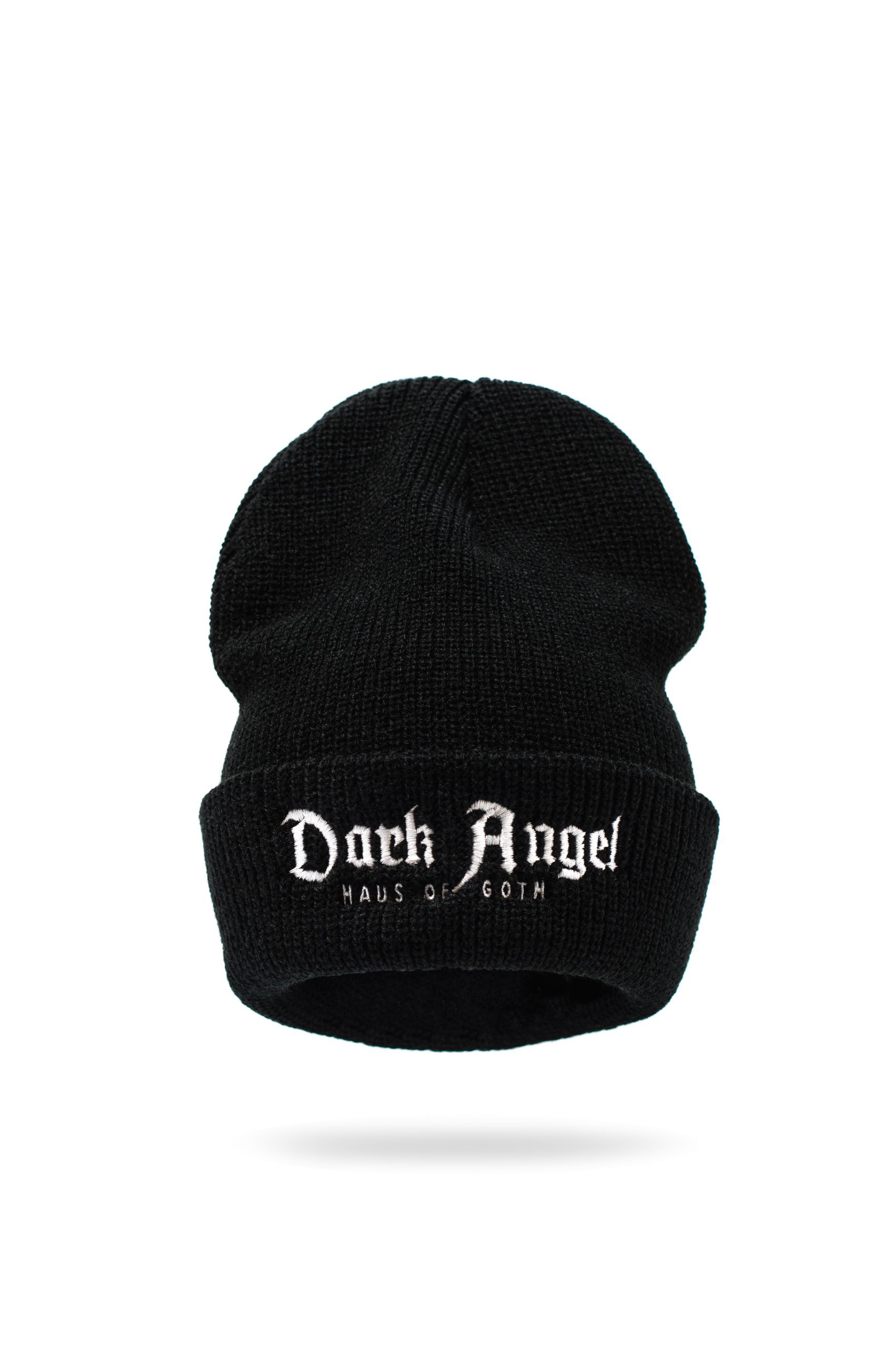 Black Dark Angel beanie by Haus of Goth with embroidered logo
