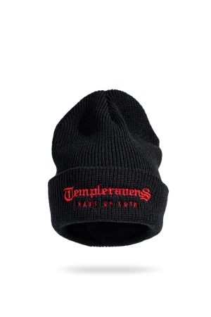 Black Templeravens beanie by Haus of Goth with red embroidered logo