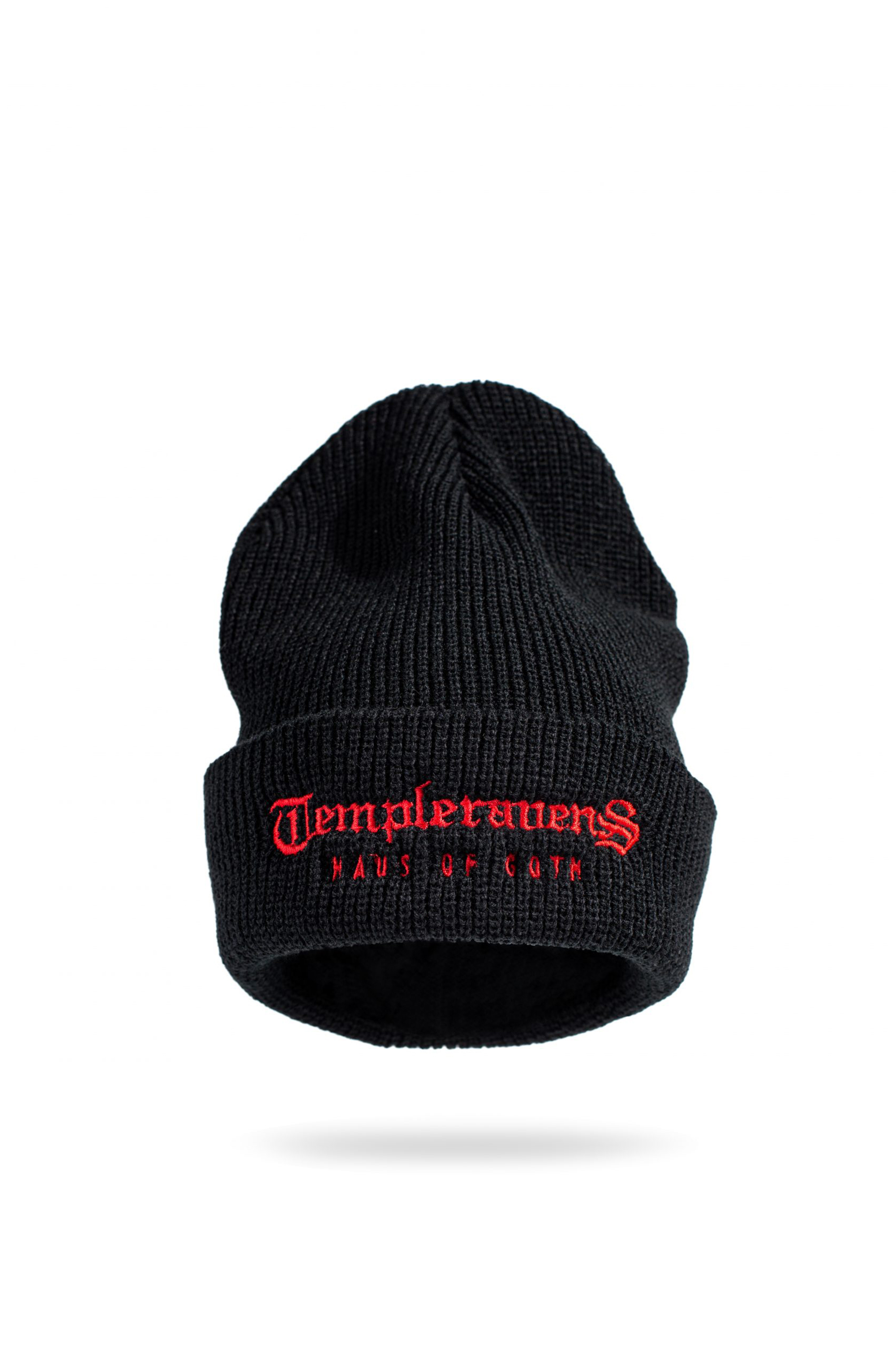 Black Templeravens beanie by Haus of Goth with red embroidered logo