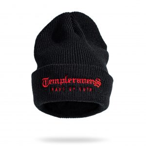 Black Templeravens beanie with red embroidered logo by Haus of Goth