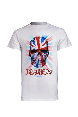 White Deadhedz Union Jackz t-shirt front view with Union Jack skull design
