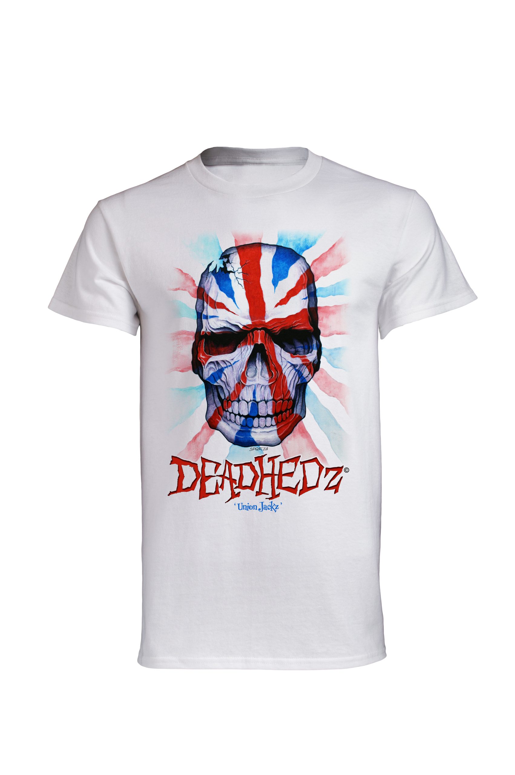 White Deadhedz Union Jackz t-shirt front view with Union Jack skull design
