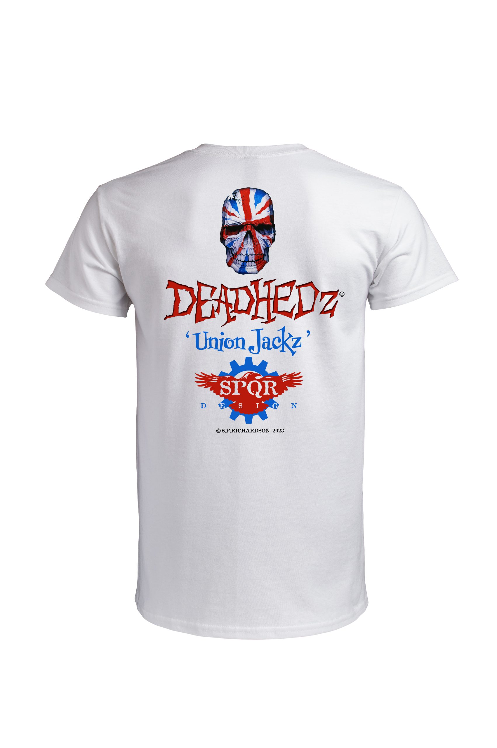 White Deadhedz Union Jackz t-shirt back view with logo print