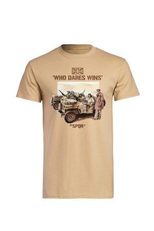 Sand Who Dares Wins t-shirt by SPQR front view with SAS military jeep print