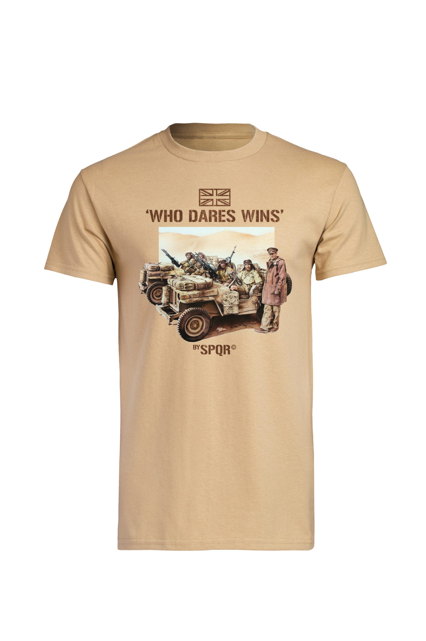 Sand Who Dares Wins t-shirt by SPQR front view with SAS military jeep print