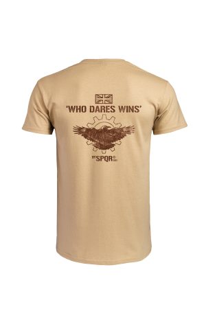 Sand Who Dares Wins t-shirt by SPQR back view with eagle and motto design