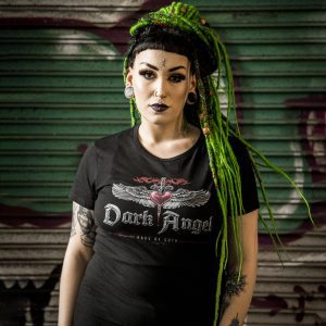Woman with green dreadlocks wearing Dark Angel by SPQR t-shirt, urban setting