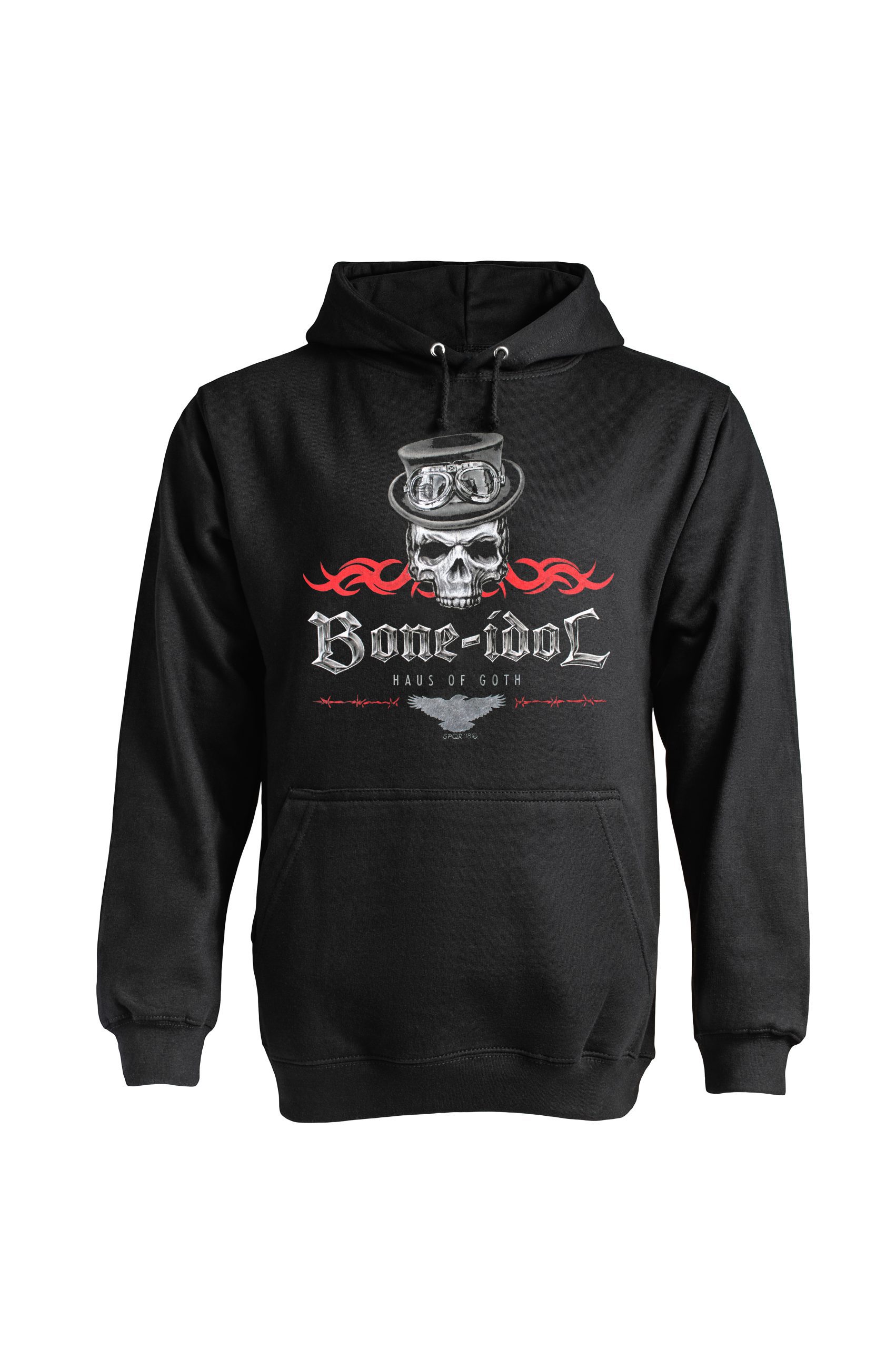 Black Bone Idol hoodie by Haus of Goth front view with skull and crown design