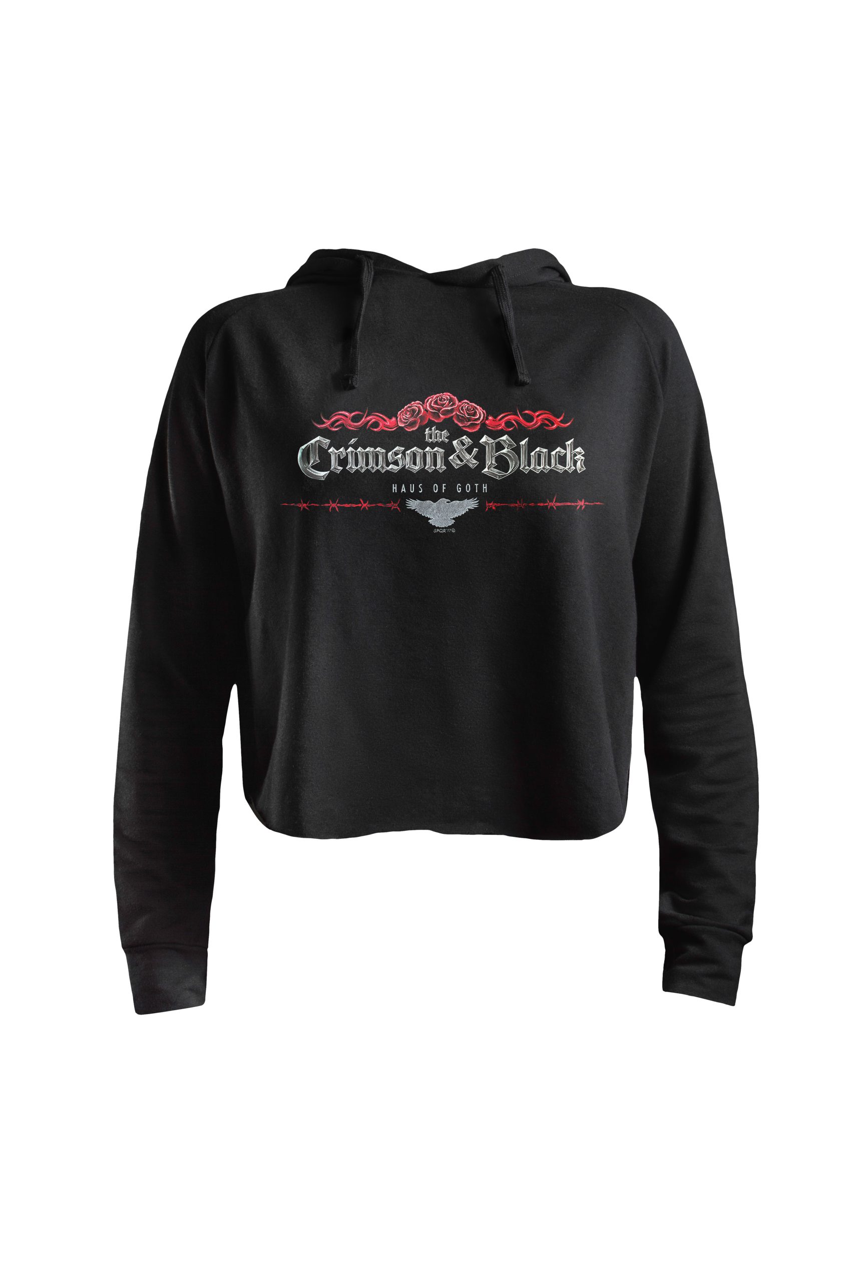 Black Crimson and Black cropped hoodie by Haus of Goth with red banner design