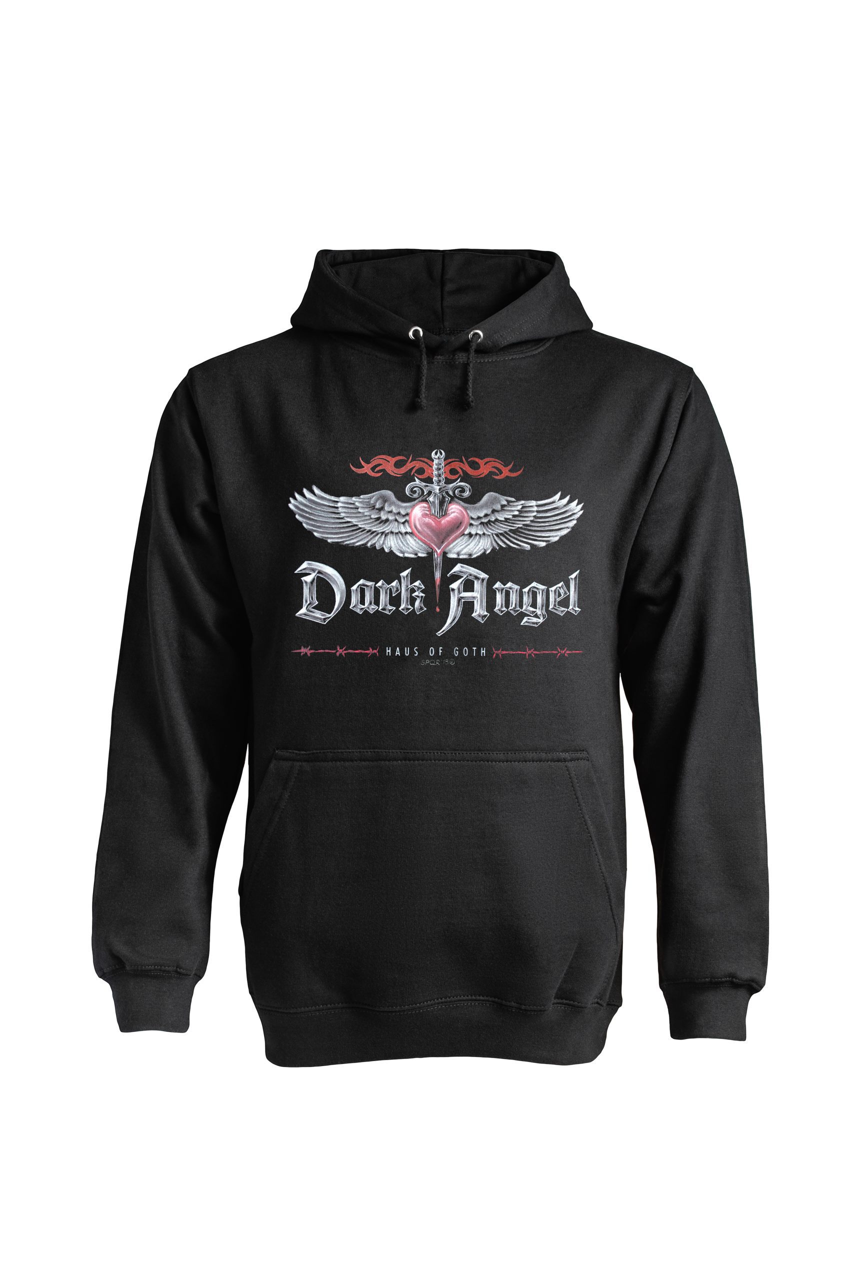Black Dark Angel hoodie by Haus of Goth front view with winged heart design
