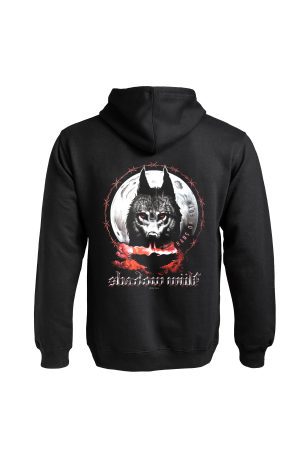 Black Shadow Wulf hoodie by Haus of Goth back view with wolf and moon graphic