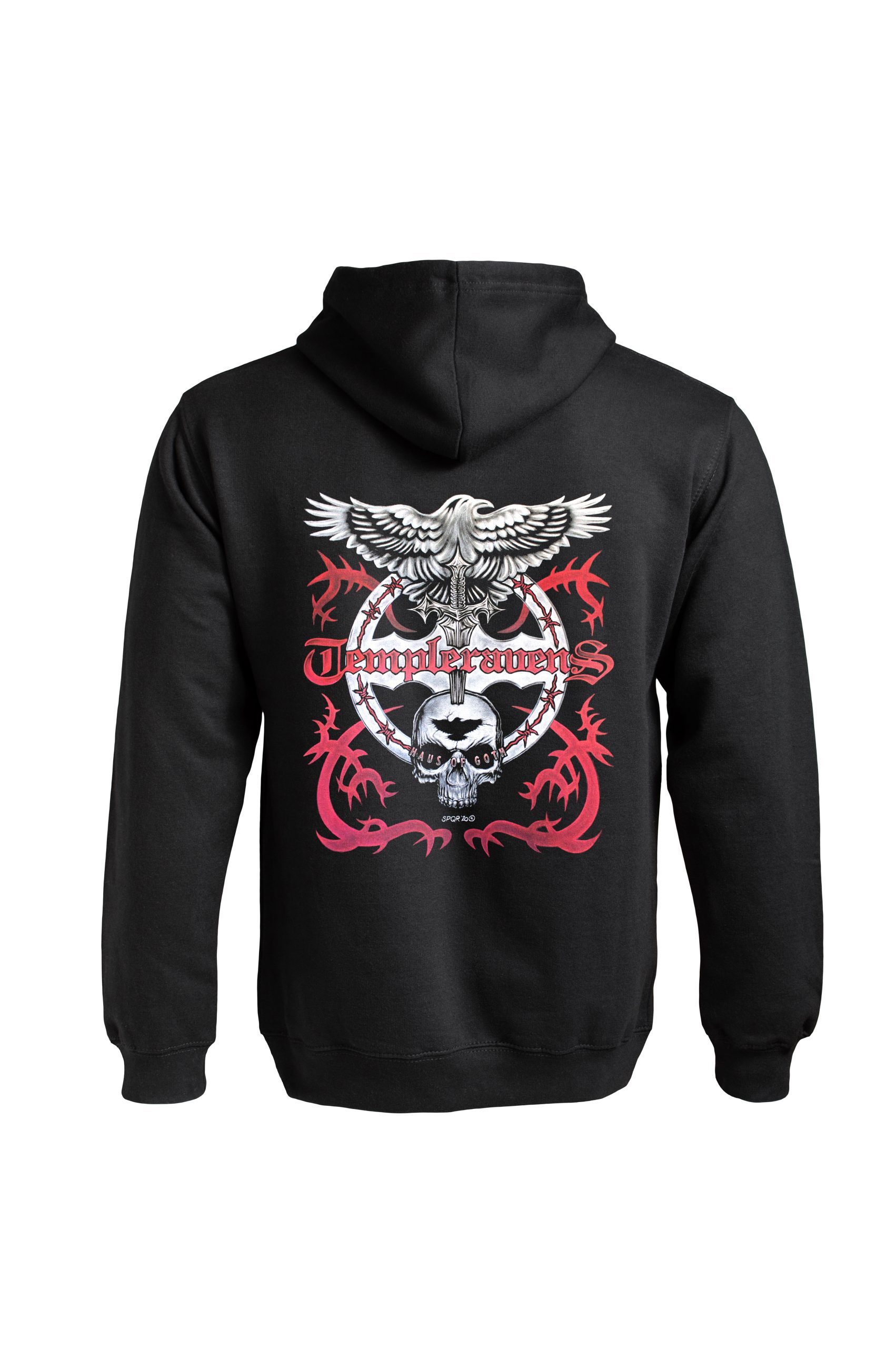 Black Templeravens hoodie by Haus of Goth back view with raven and dagger design