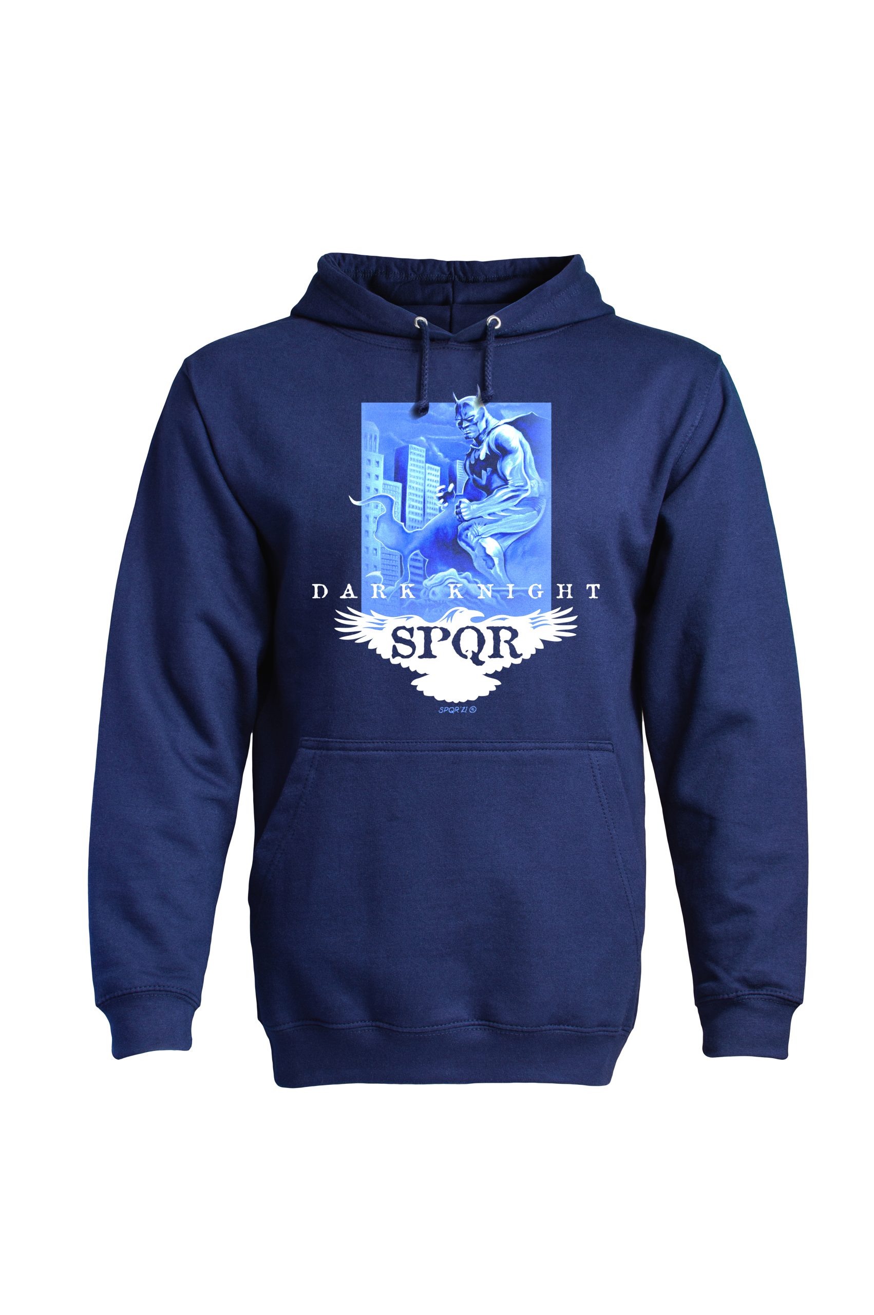 Navy Dark Knight hoodie by SPQR front view with bat logo and printed panel