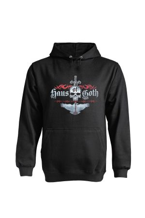 Black Haus of Goth hoodie front view with skull, dagger and wings logo design