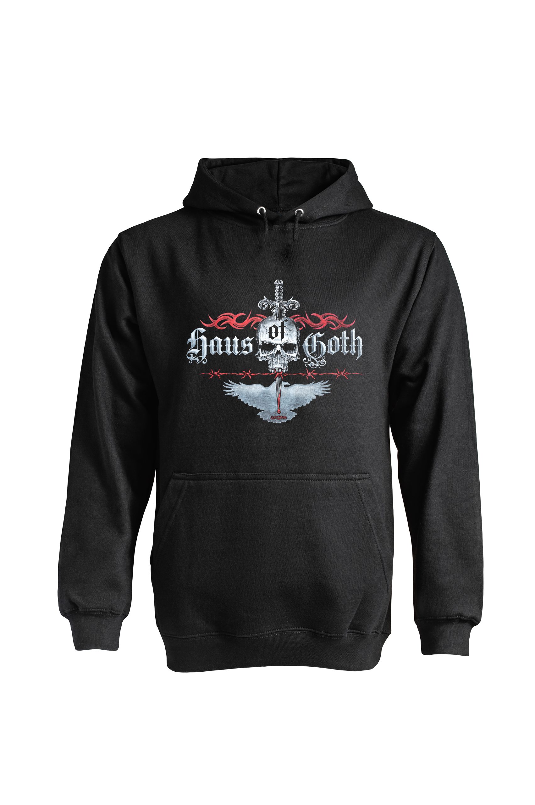 Black Haus of Goth hoodie front view with skull, dagger and wings logo design