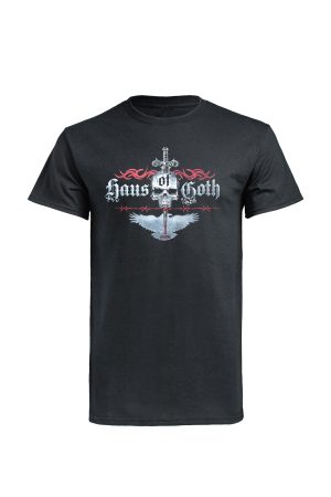 Black Haus of Goth t-shirt with skull, dagger and wings logo design
