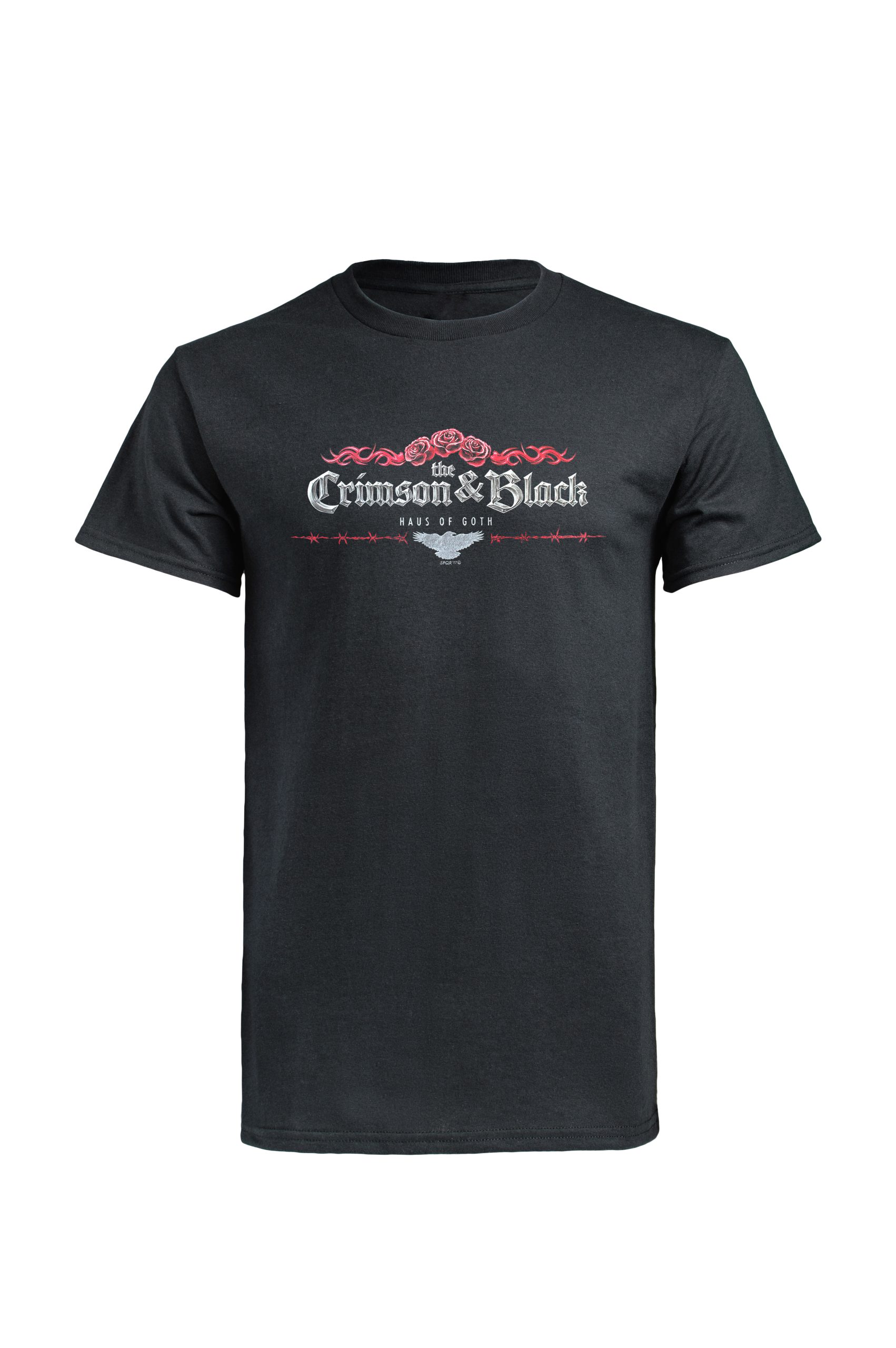 Black Crimson and Black t-shirt by Haus of Goth front view with red banner design